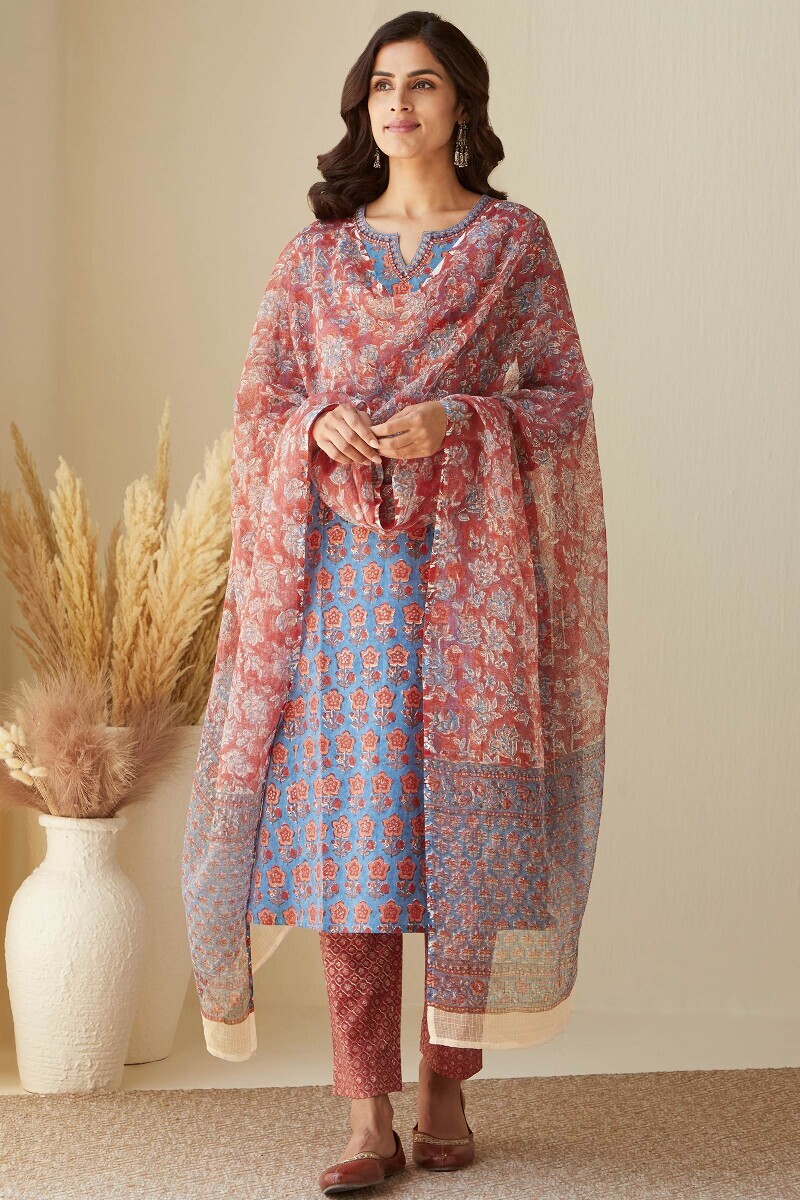 Red Hand Block-Printed Cotton Narrow Pants