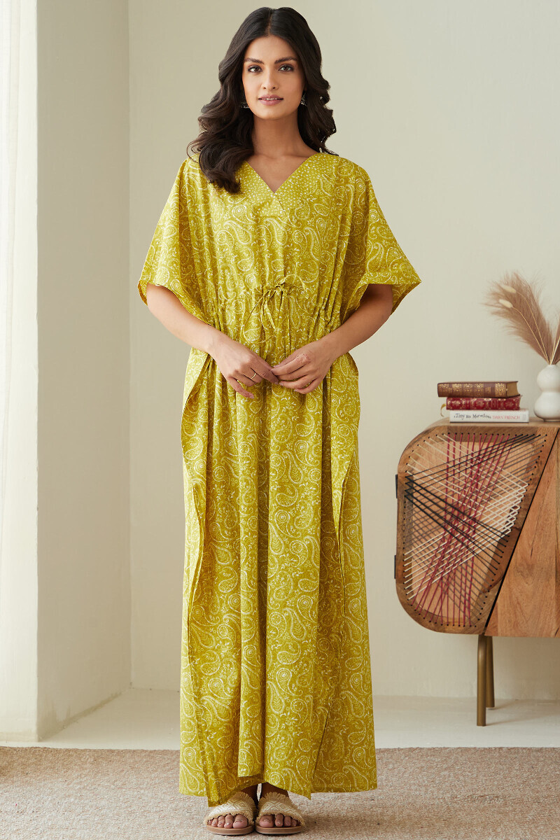 Green Hand Printed Cotton Kaftan