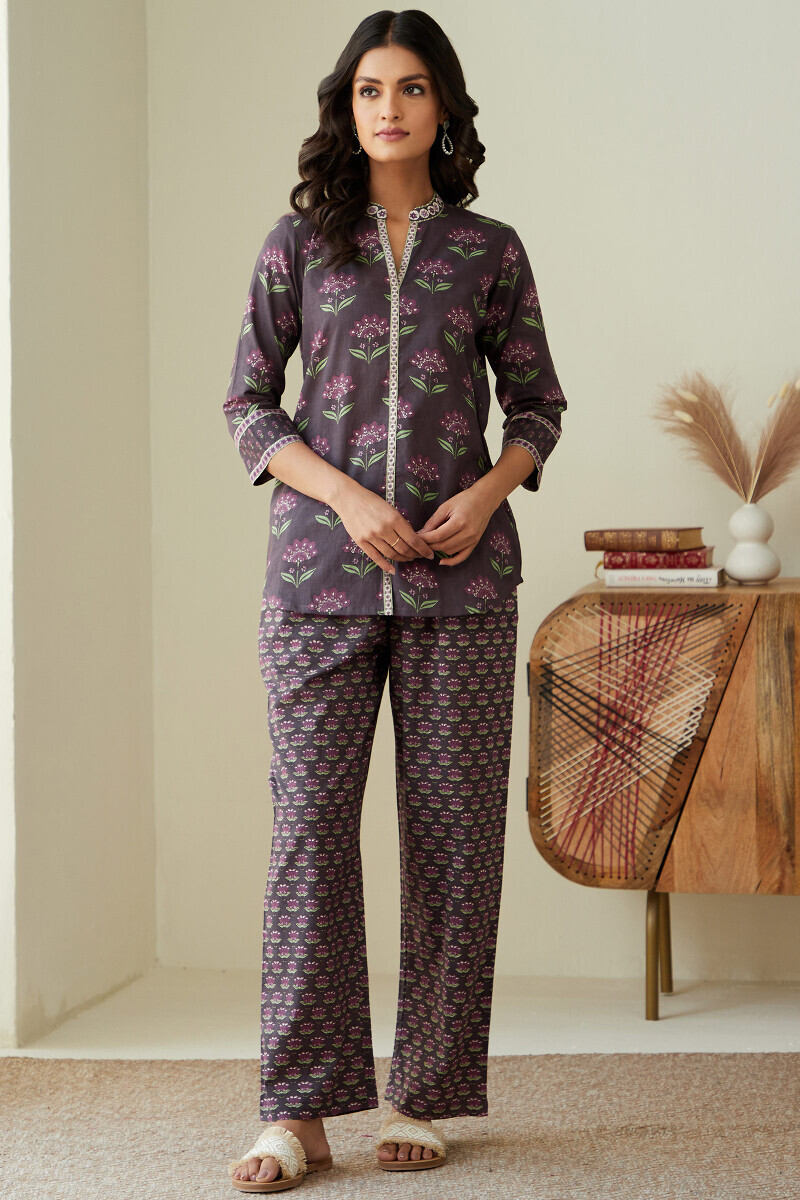 Purple Hand Printed Cotton Loungewear Set