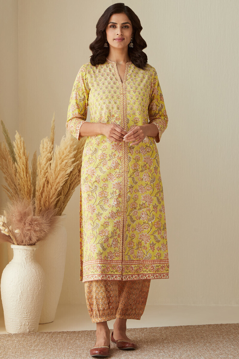 Yellow Hand Block-Printed Straight Cotton Slub Kurta