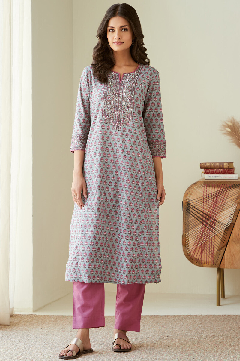 Blue Hand Printed Straight Cotton Slub Kurta