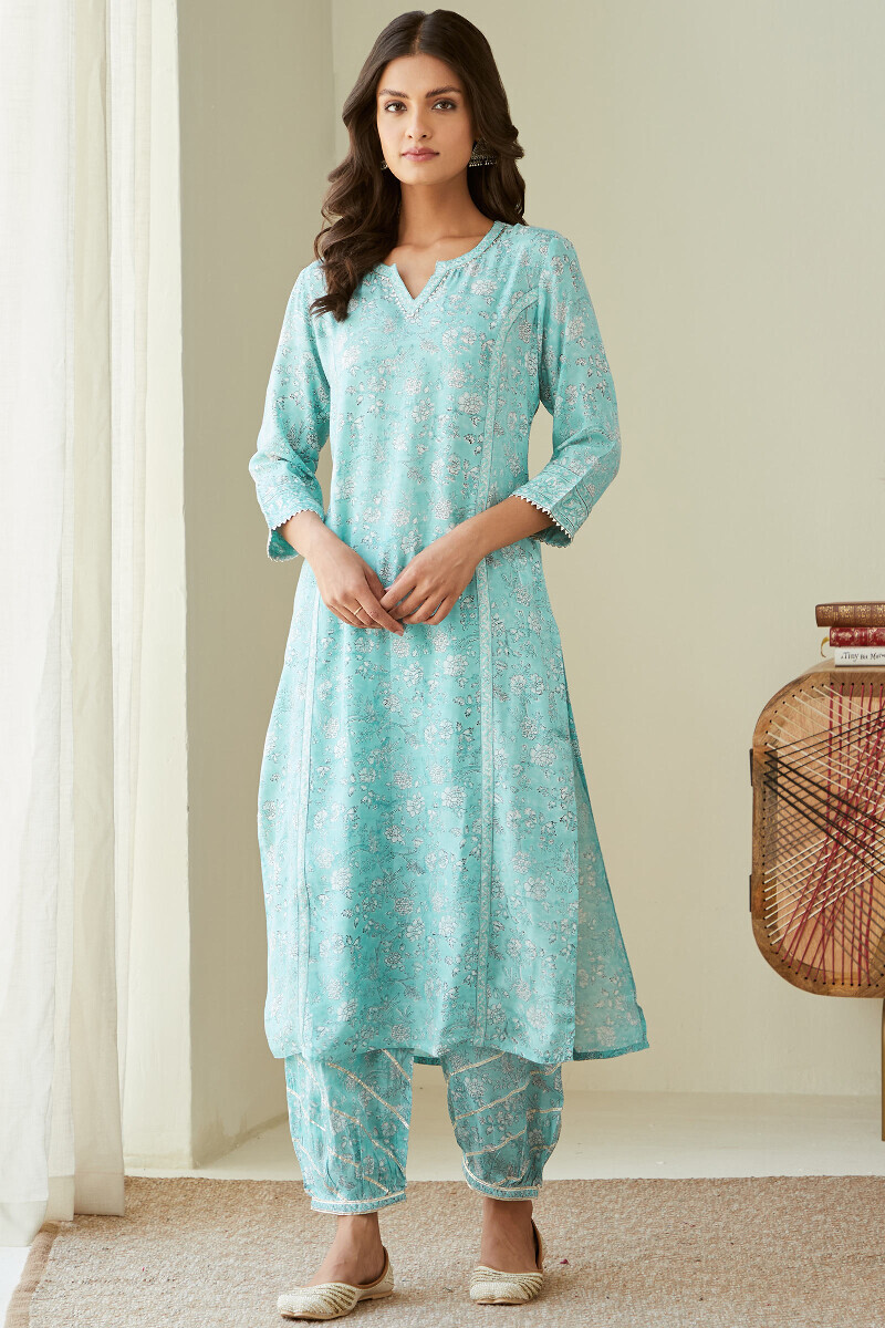 Blue Hand Block-Printed Straight Viscose Kurta