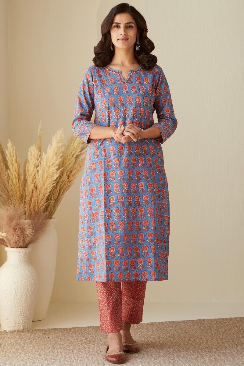 Blue Hand Block-Printed Straight Cotton Kurta