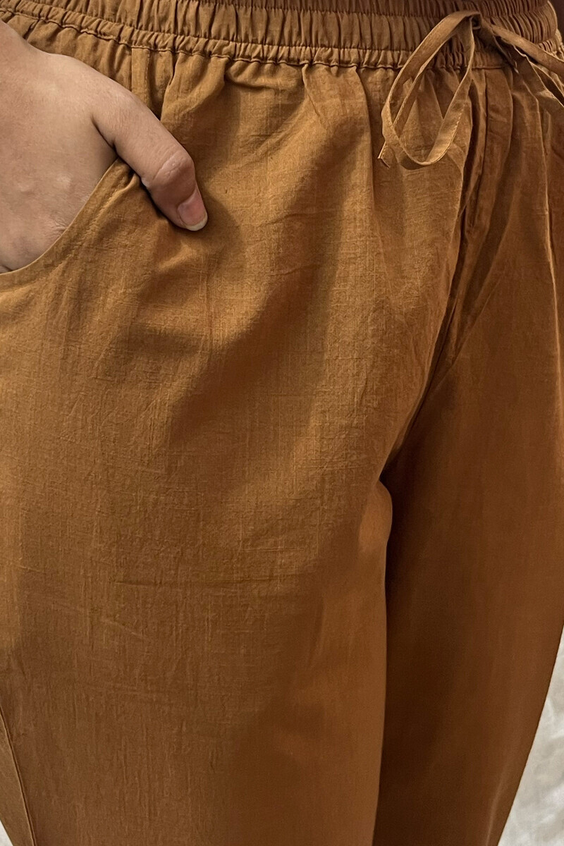 Brown Handcrafted Cotton Slub Narrow Pants