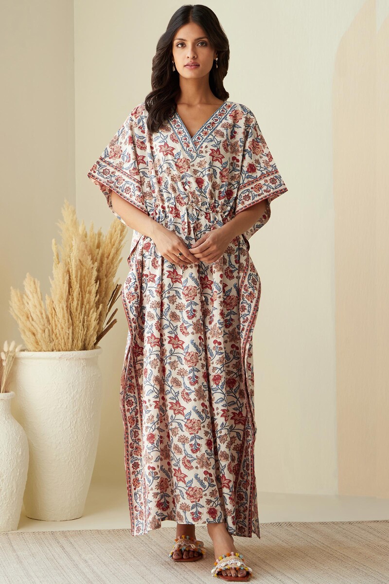 Cream Hand Printed Cotton Mul Kaftan