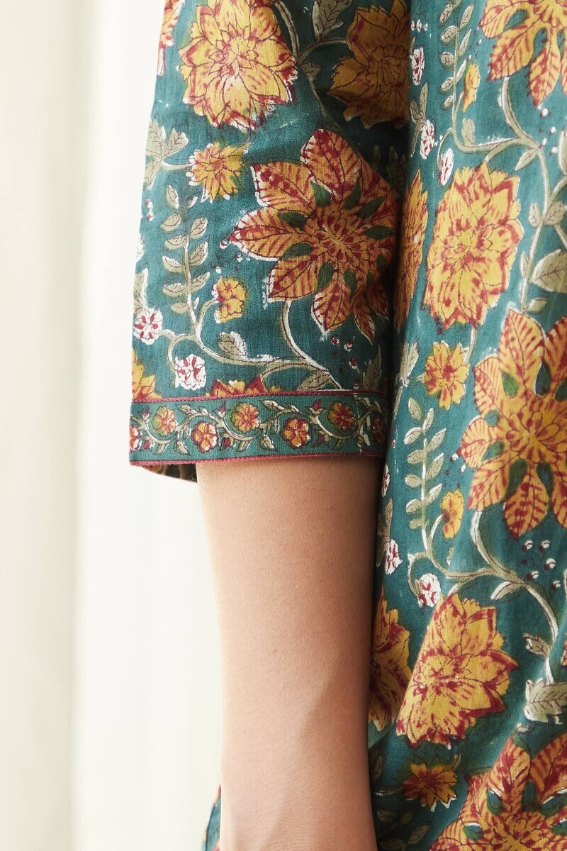 Green Hand Block-Printed Cotton Top