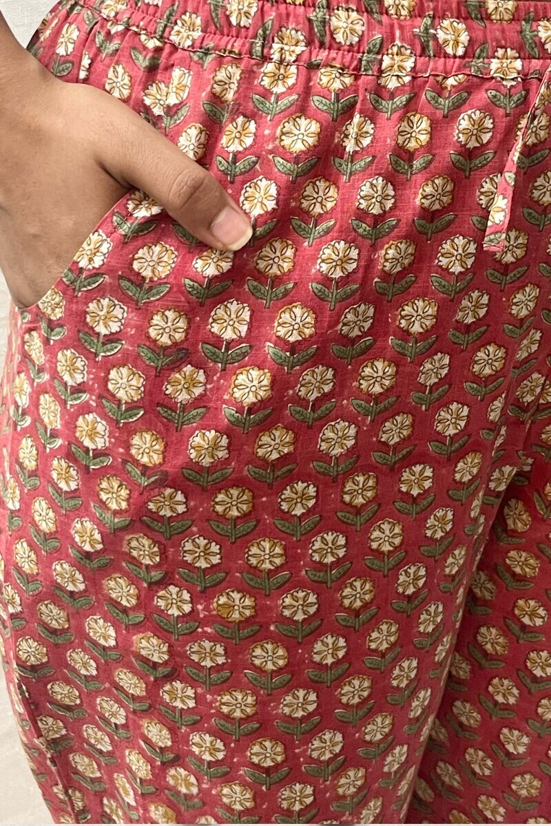 Pink Hand Printed Cotton Slub Narrow Pants