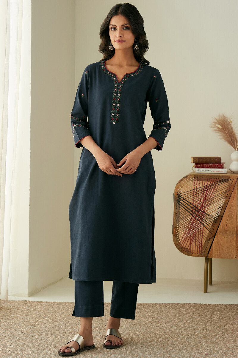 Blue Handcrafted Straight Cotton Flax Kurta