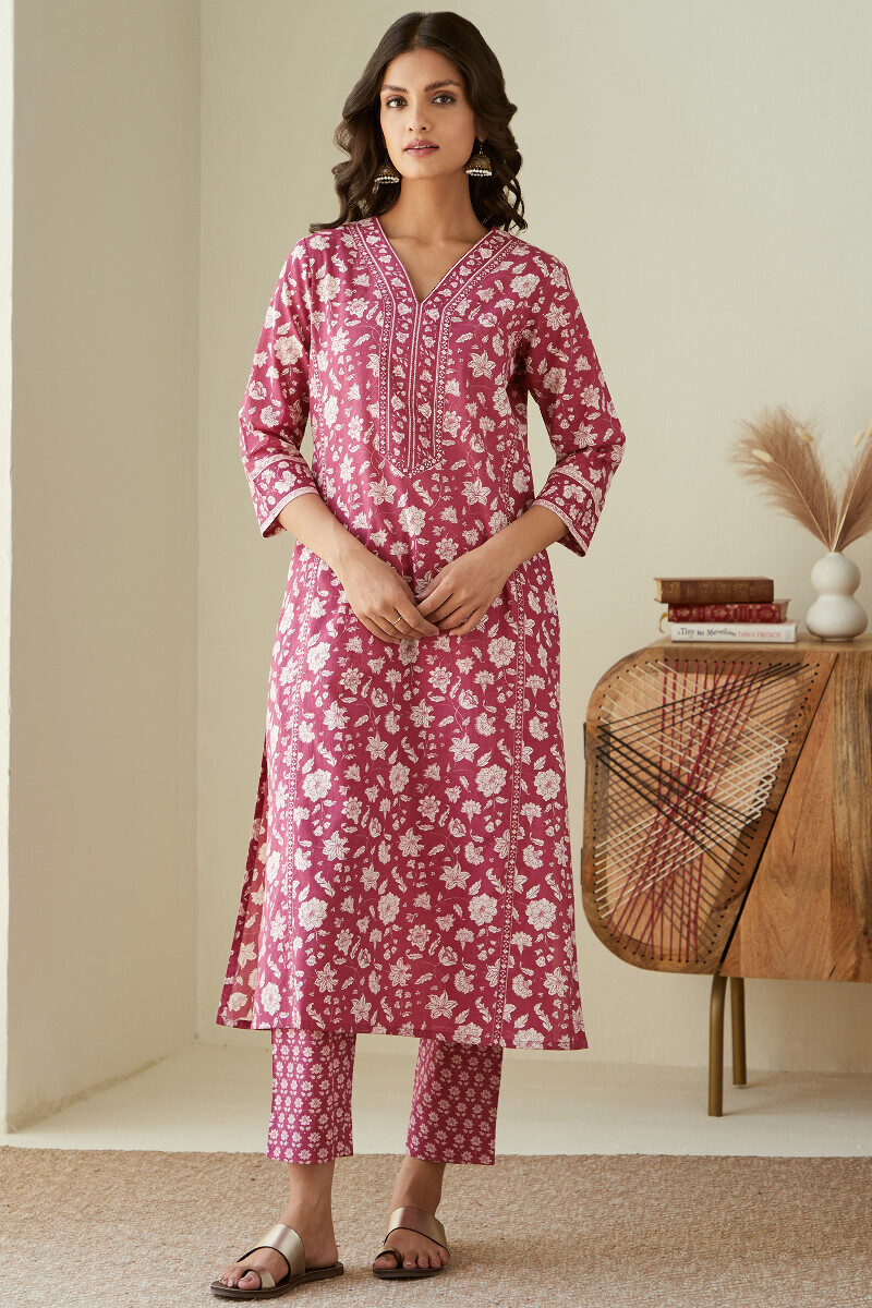 Pink Hand Printed Straight Cotton Kurta
