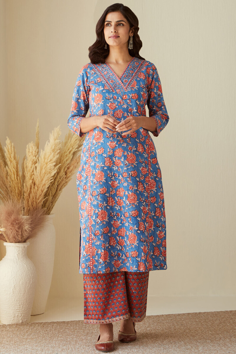 Blue Hand Block-Printed Straight Cotton Kurta
