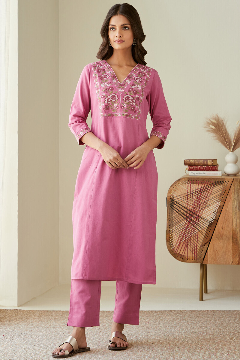 Pink Handcrafted Straight Cotton Flax Kurta