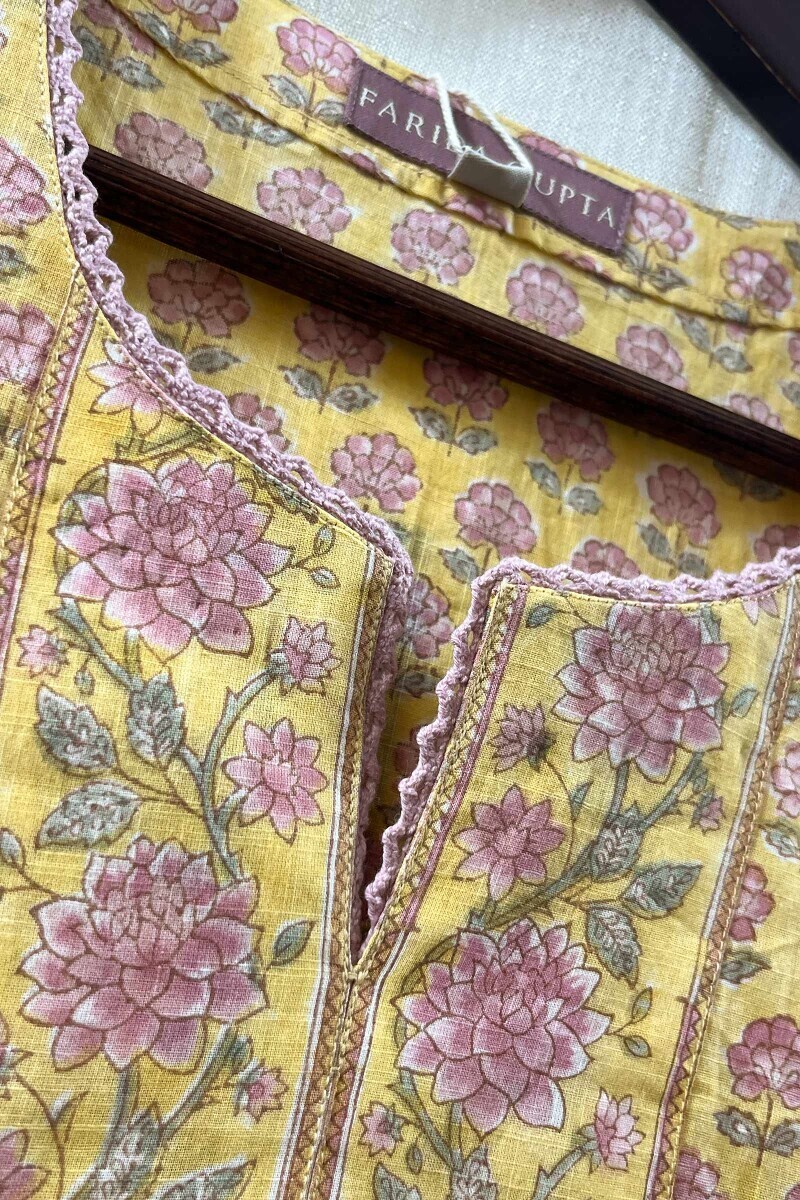 Yellow Hand Block-Printed Straight Cotton Slub Kurta