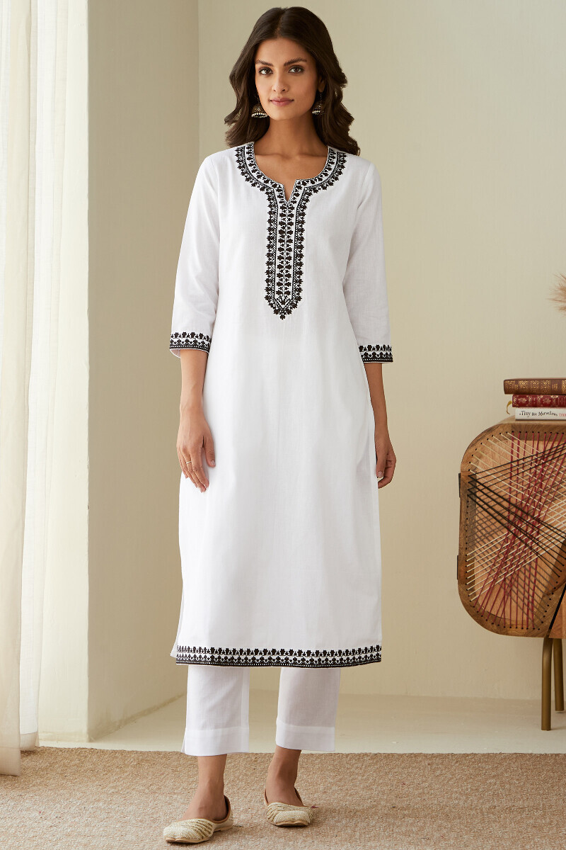 White Handcrafted Straight Cotton Flax Kurta