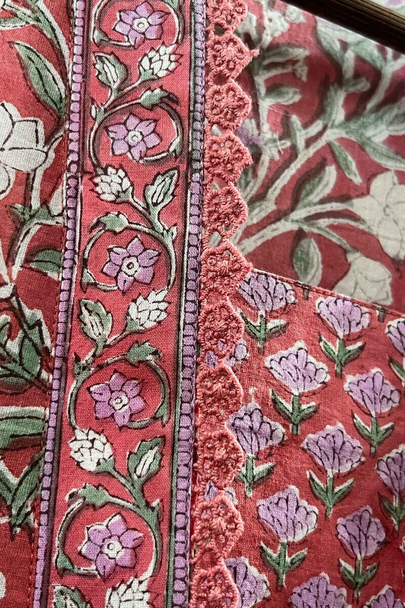 Pink Hand Block-Printed Straight Cotton Kurta