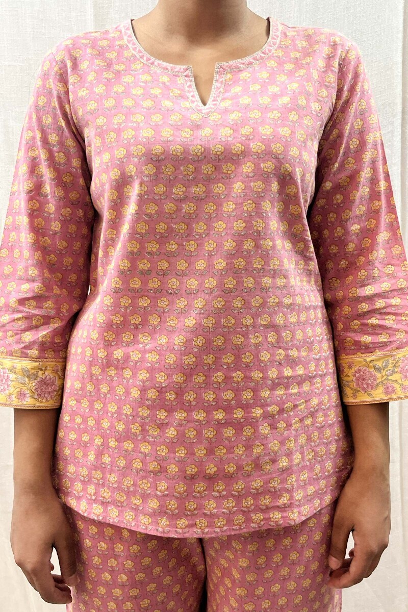 Pink Hand Block-Printed Cotton Loungewear Set
