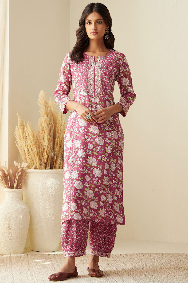 Pink Hand Printed Straight Viscose Kurta