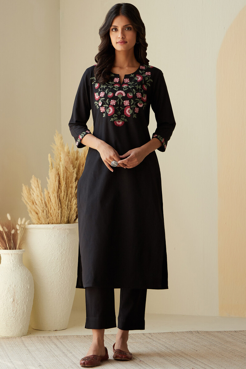 Black Handcrafted Straight Cotton Flax Kurta