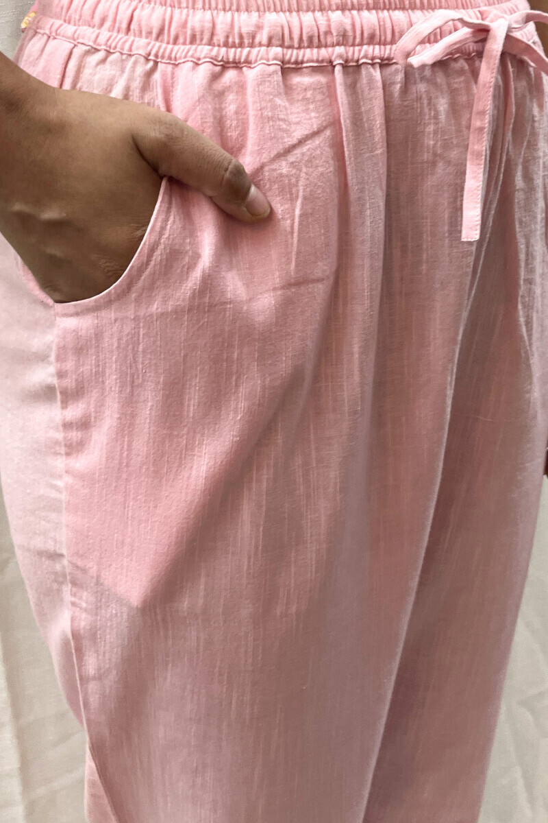 Pink Handcrafted Cotton Slub Narrow Pants