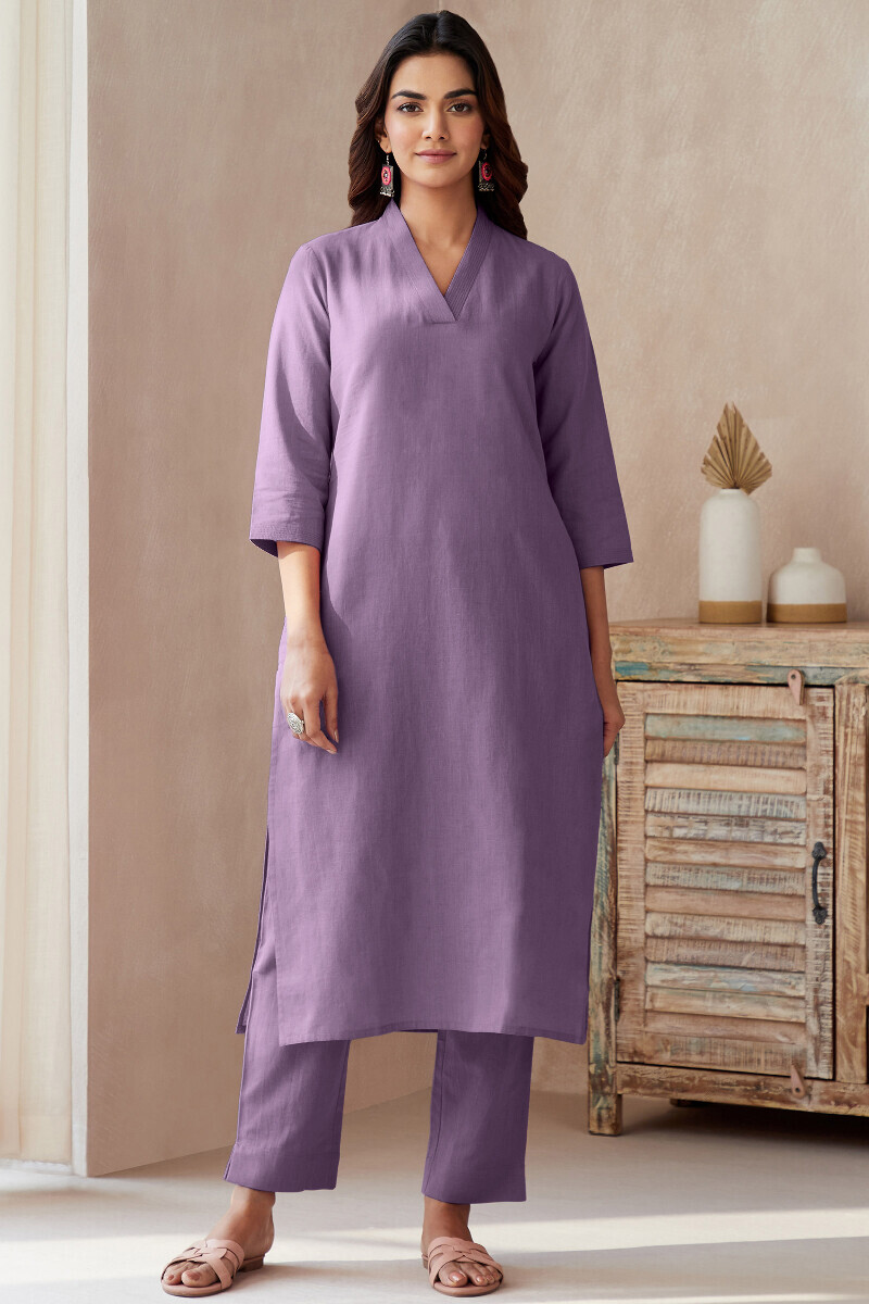 Purple Handcrafted Cotton Flax Narrow Pants