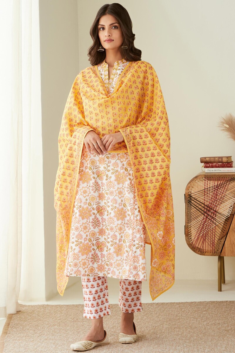 Yellow Hand Printed Kota Dupatta