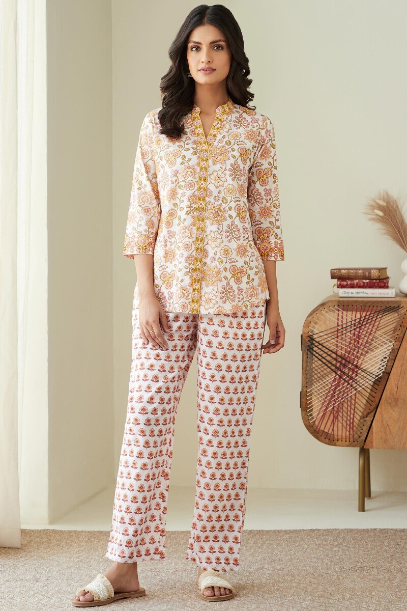 White Hand Printed Cotton Loungewear Set