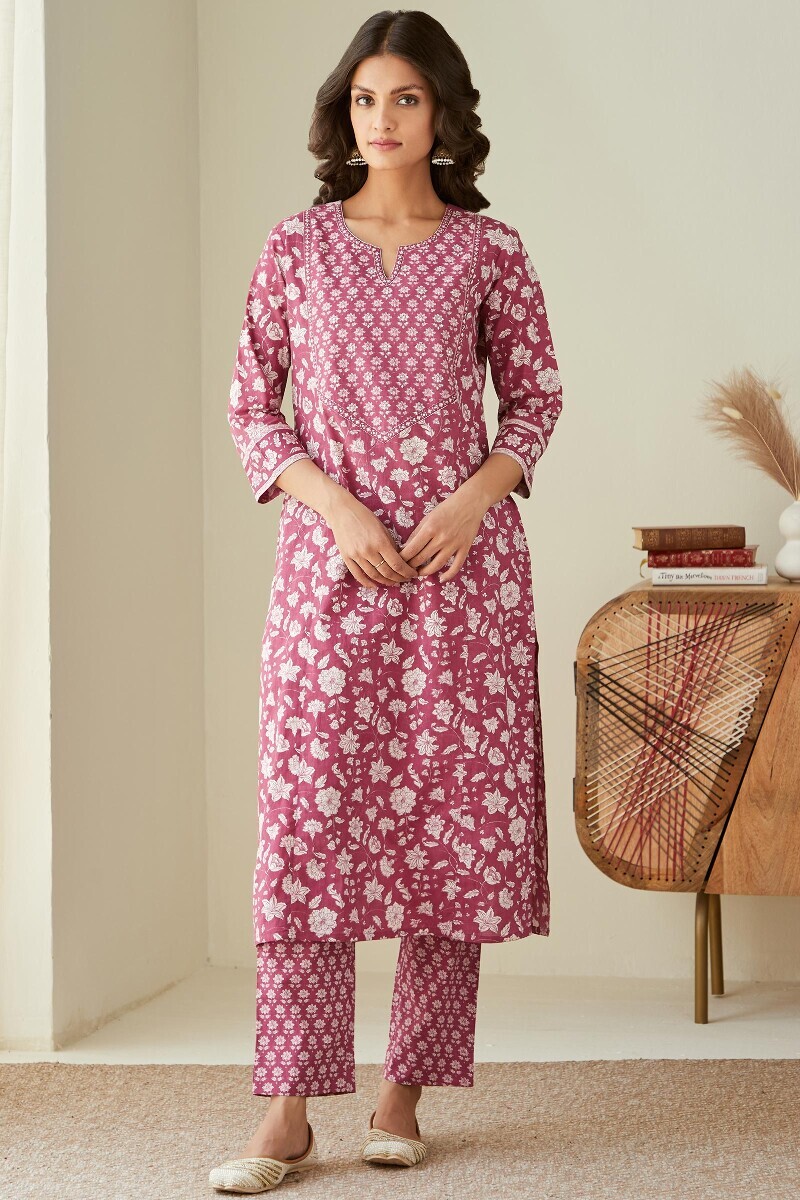 Pink Hand Printed Straight Cotton Kurta