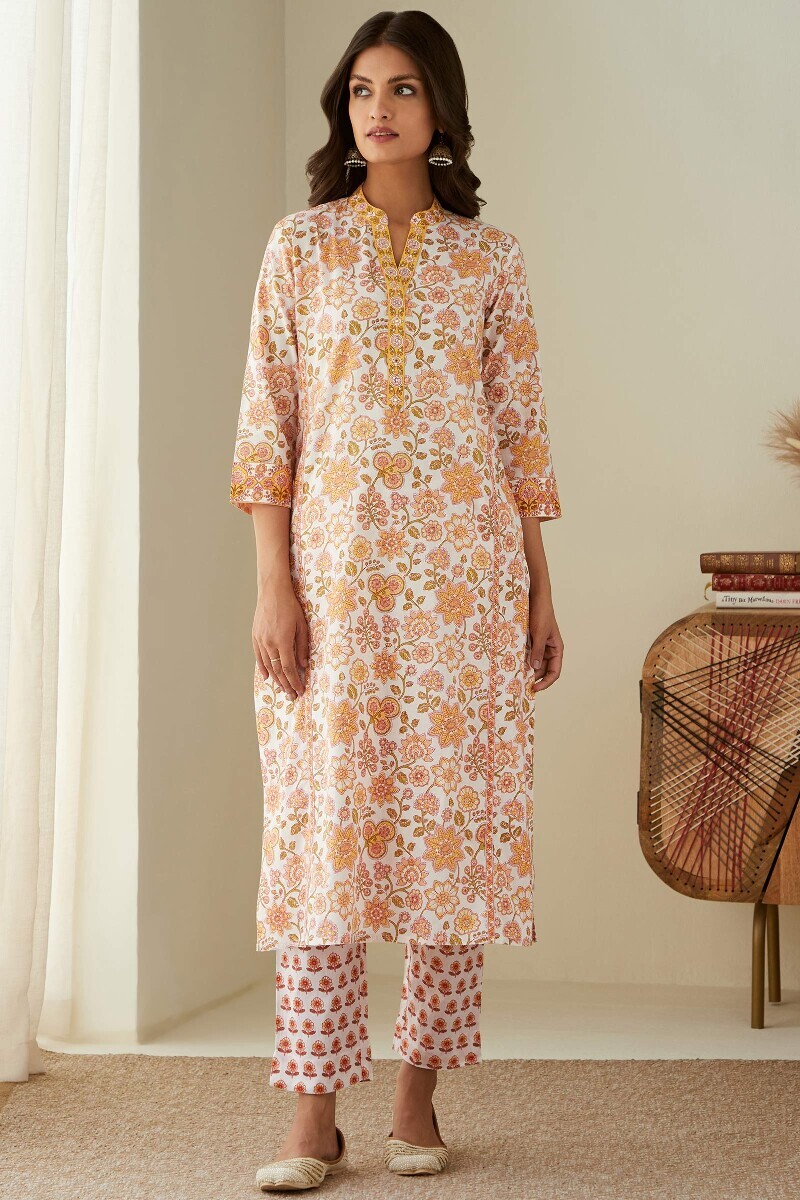 White Hand Printed Straight Cotton Kurta