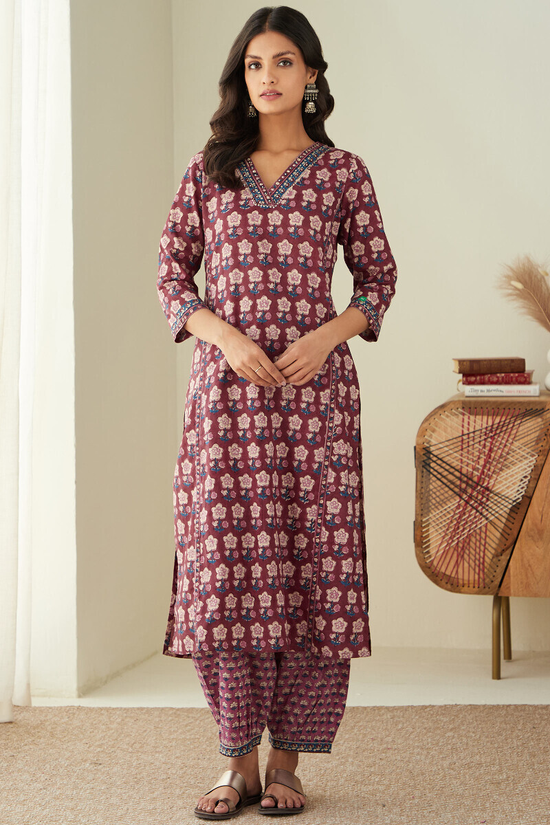 Maroon Hand Block-Printed Straight Cotton Kurta