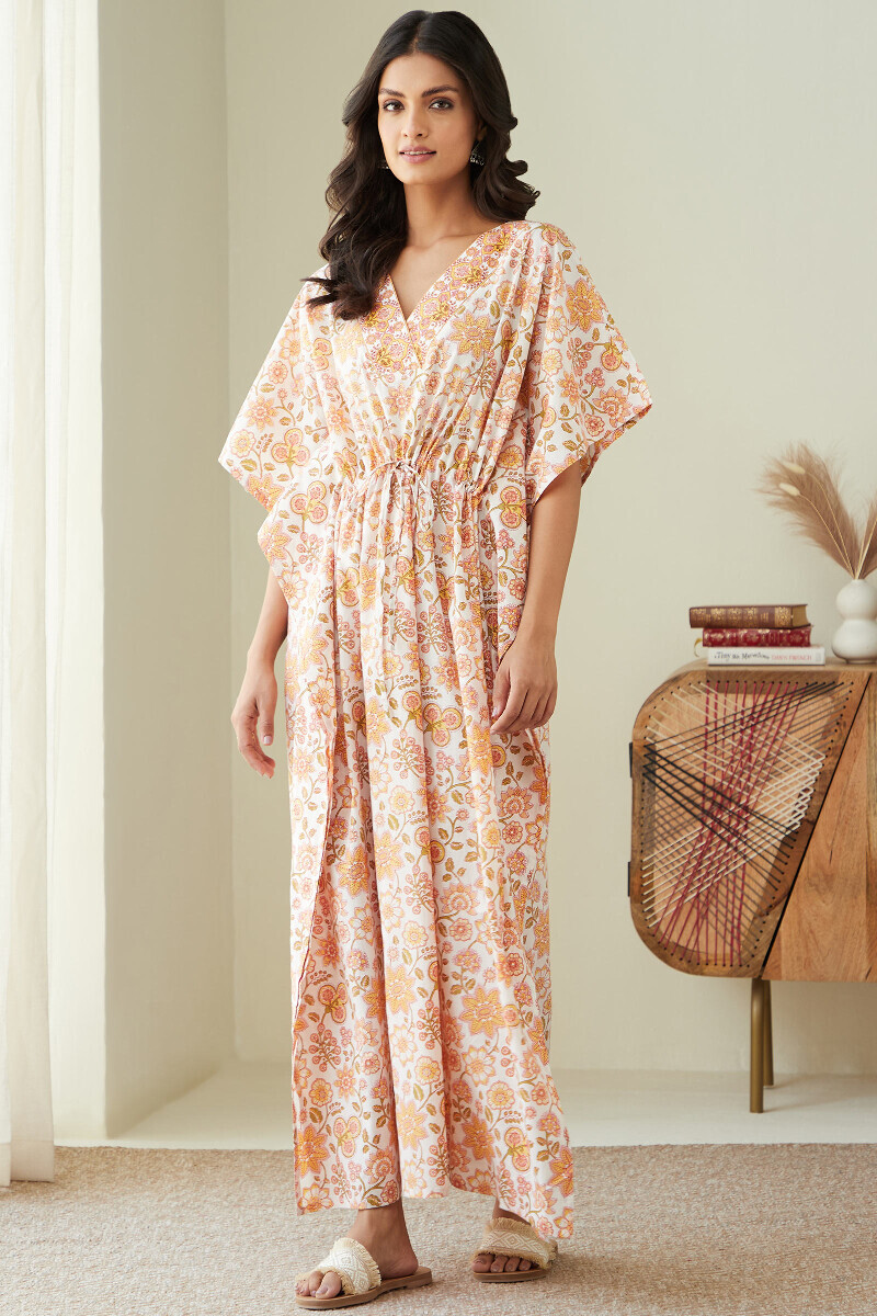 White Hand Printed Cotton Kaftan