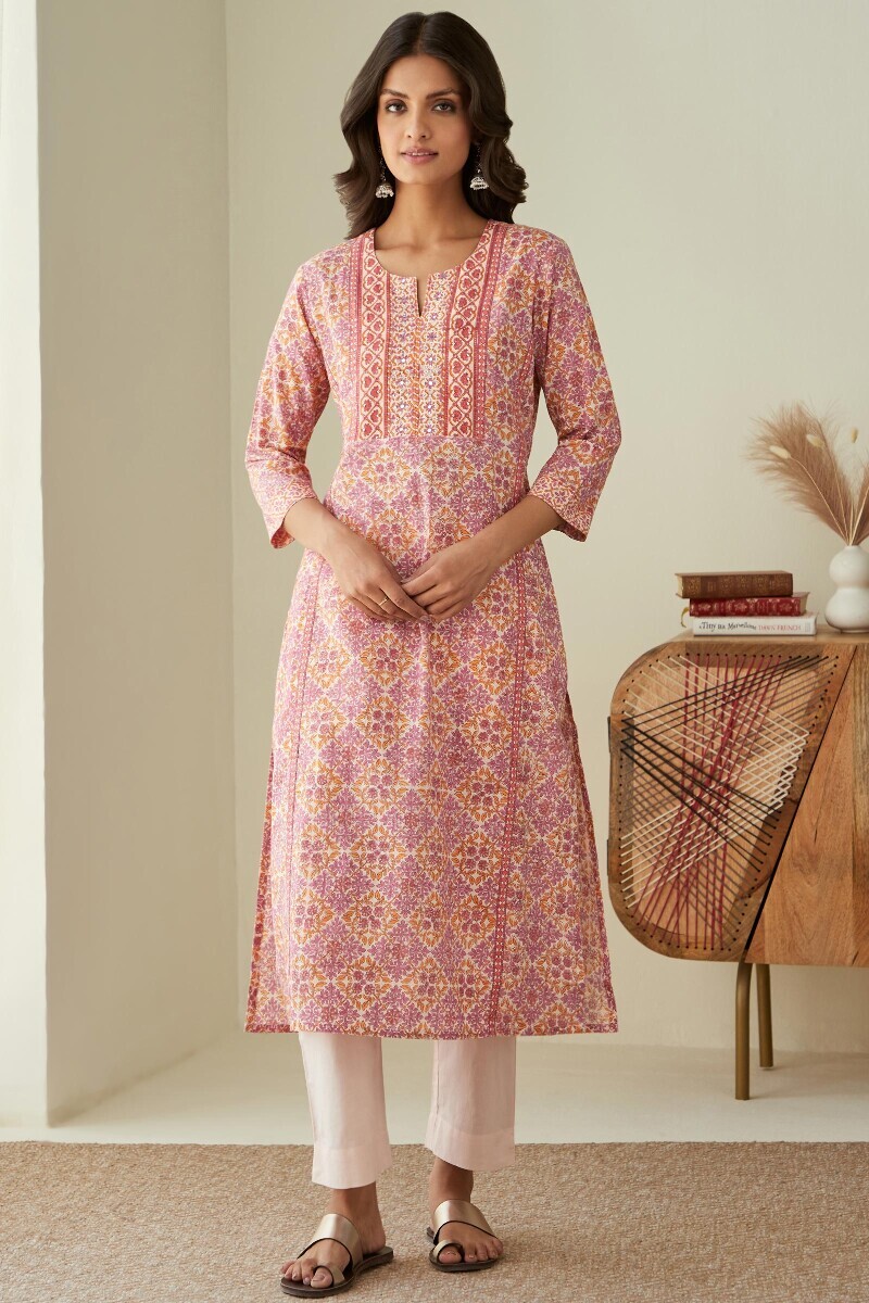 Cream Hand Block-Printed Straight Cotton Kurta