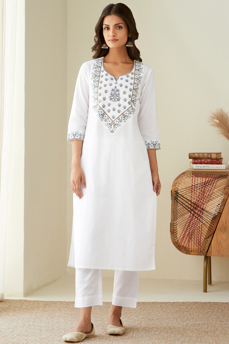 White Handcrafted Straight Cotton Flax Kurta