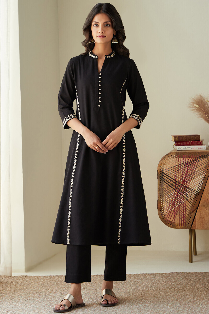 Black Handcrafted A-Line Cotton Flax Kurta