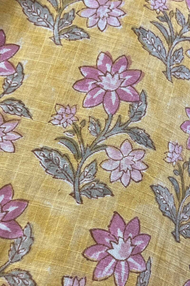 Yellow Hand Block-Printed Straight Cotton Slub Kurta
