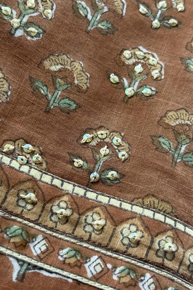 Brown Hand Block-Printed Straight Cotton Slub Kurta