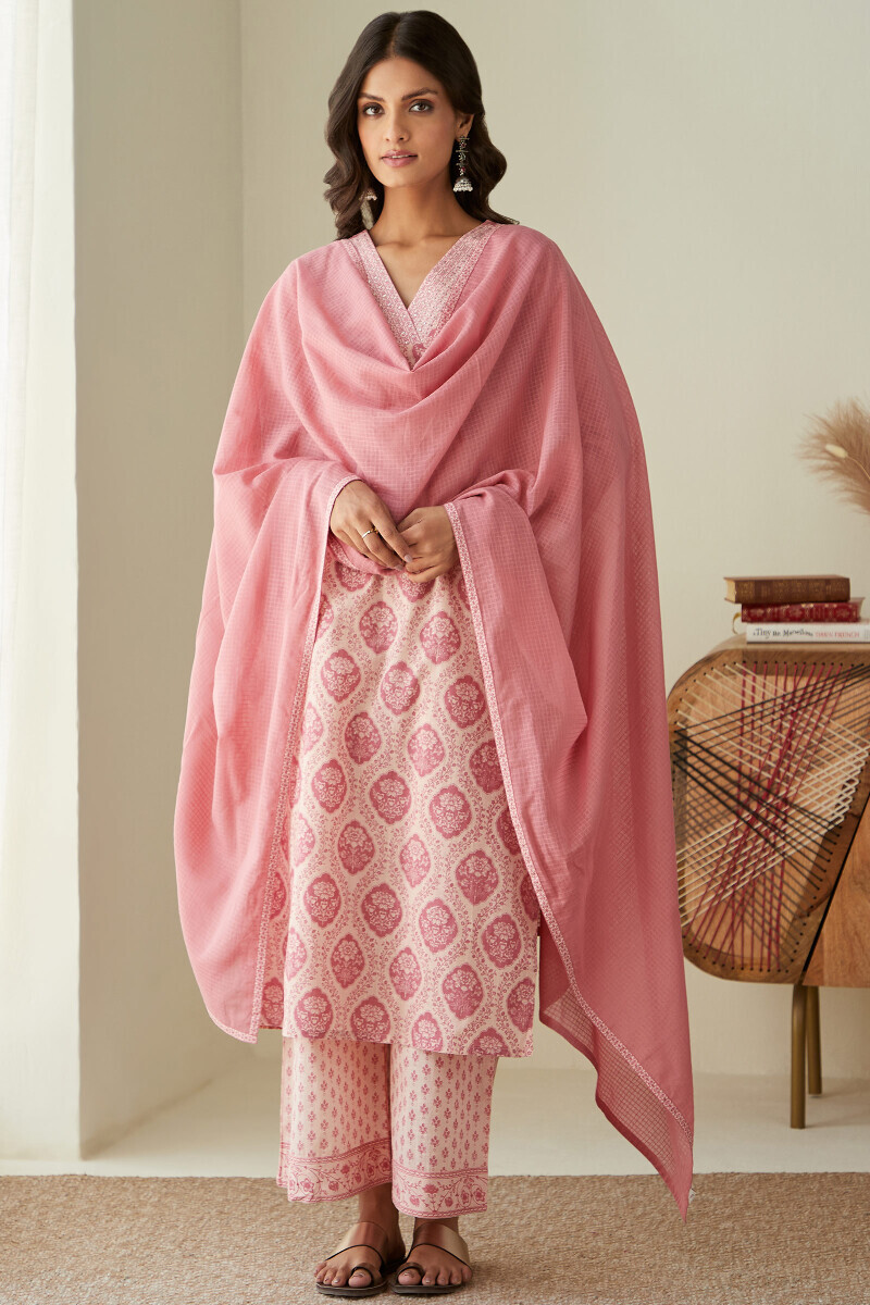Pink Hand Printed Cotton Slub Farsi