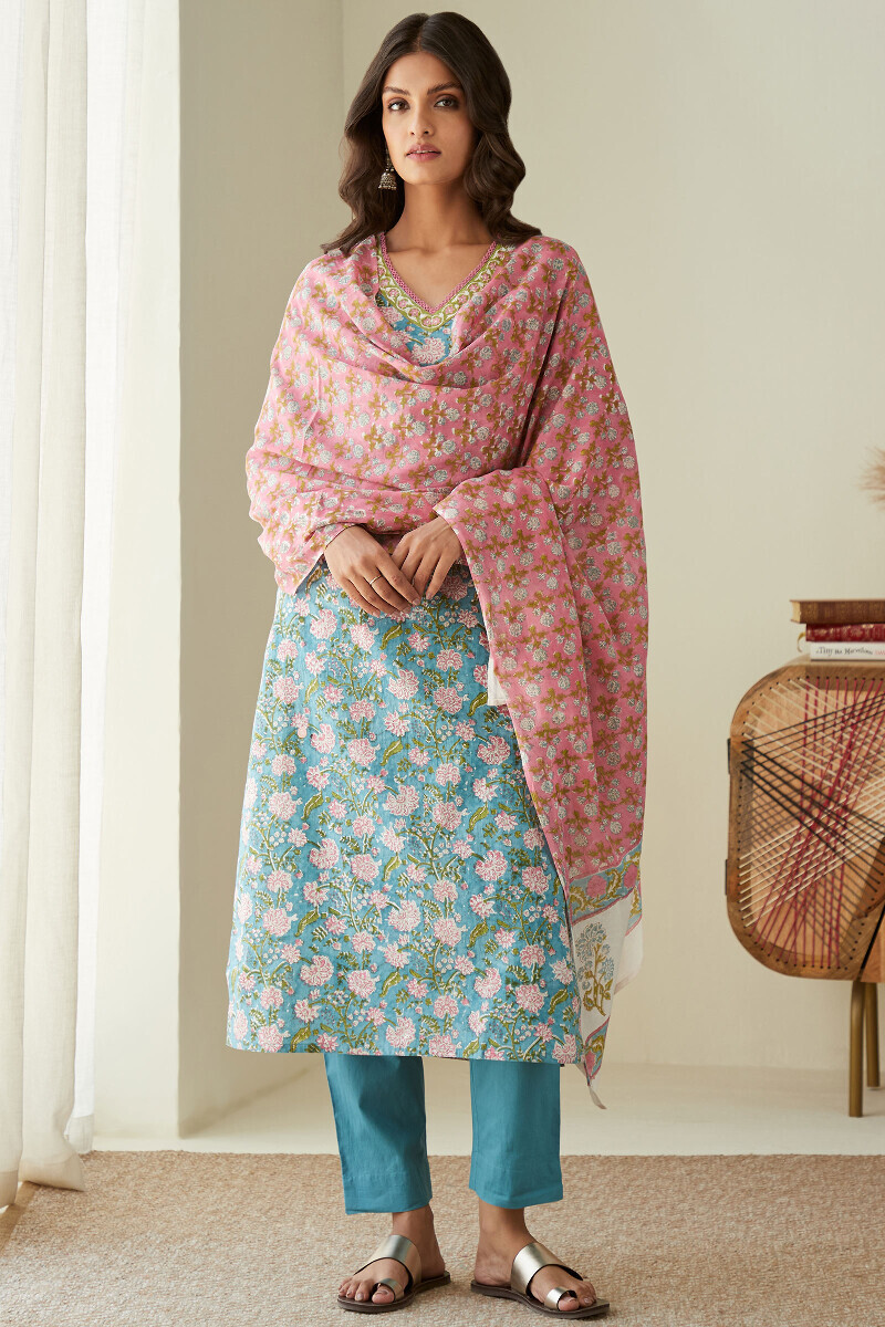 Blue Handcrafted Cotton Narrow Pants