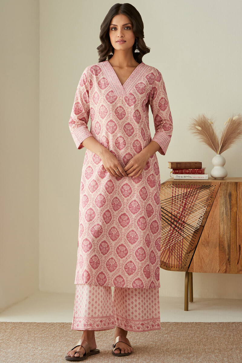 Pink Hand Printed Straight Cotton Slub Kurta