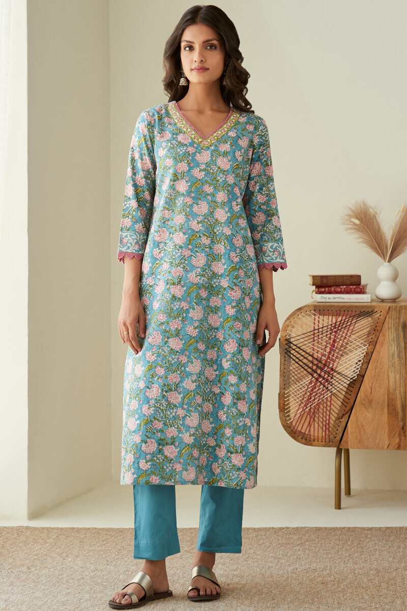 Blue Hand Block-Printed Straight Cotton Kurta