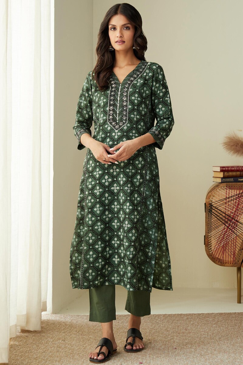 Bagru Hand Block-Printed Straight Cotton Dobby Kurta