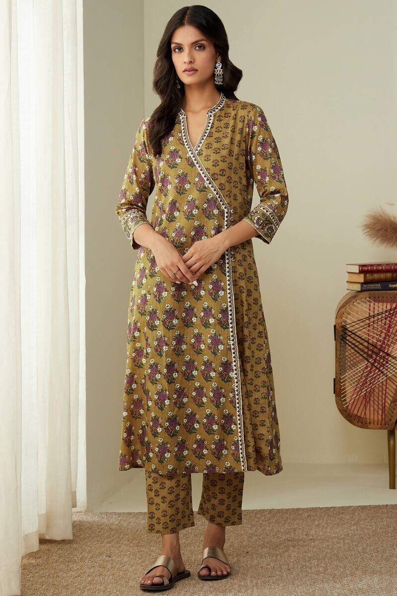 Mustard Hand Printed Angrakha Cotton Dobby Kurta