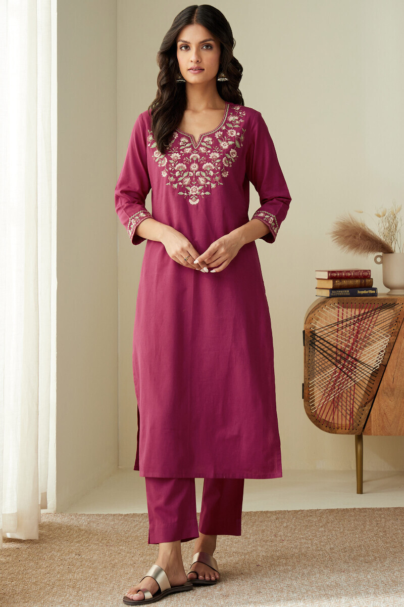 Pink Handcrafted Straight Cotton Flax Kurta