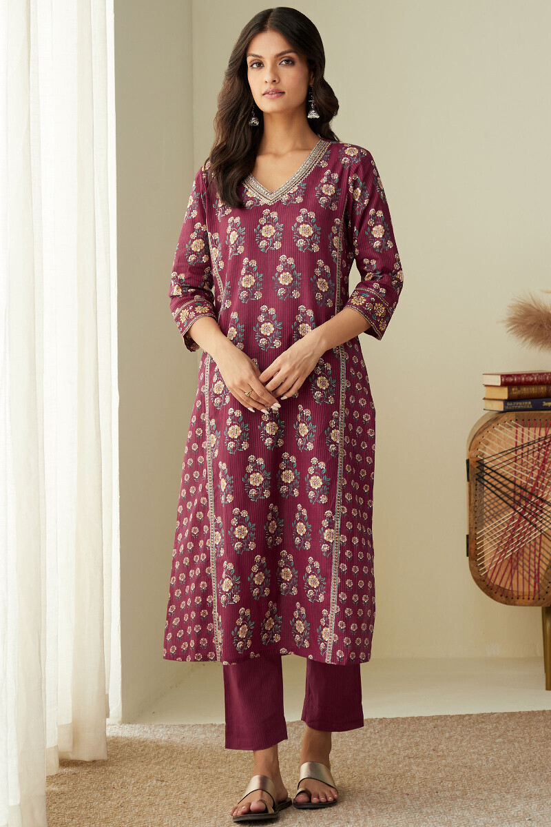 Red Hand Printed Straight Cotton Dobby Kurta