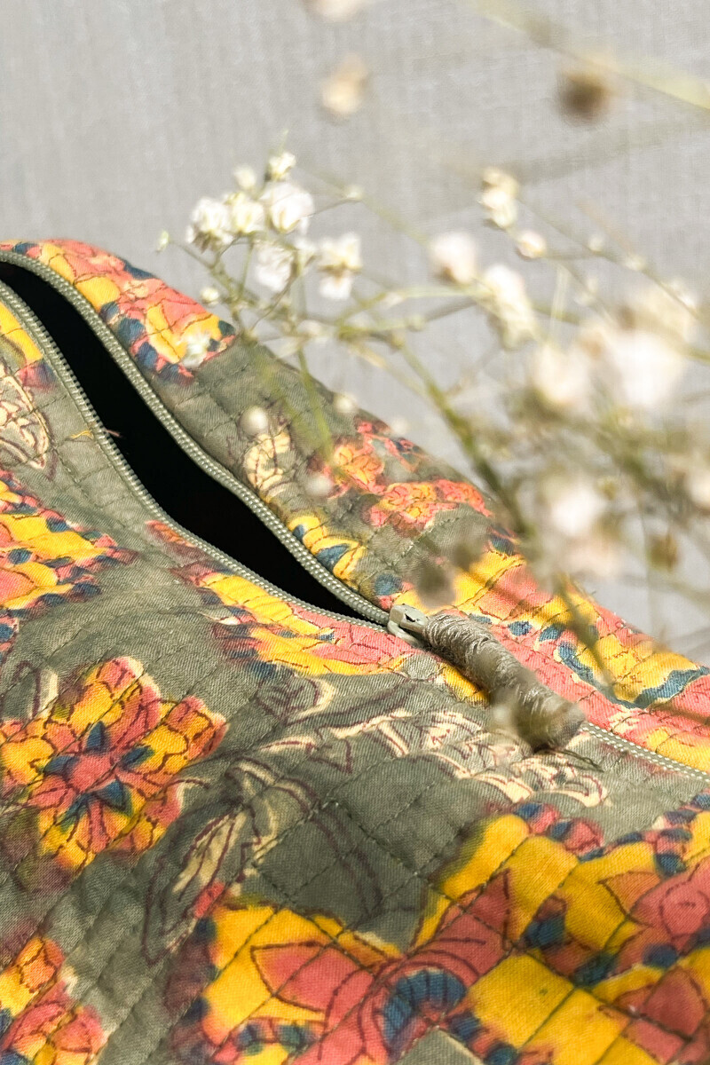 Green Hand Block-Printed Cotton Duffel Bag