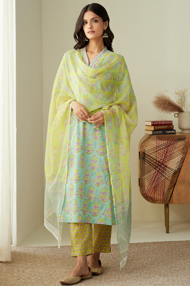 Yellow Hand Block-Printed Cotton Narrow Pants