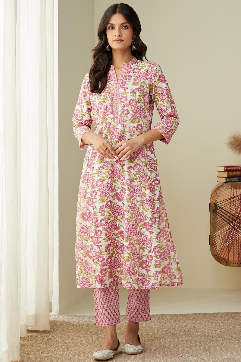 White Hand Printed Straight Cotton Kurta