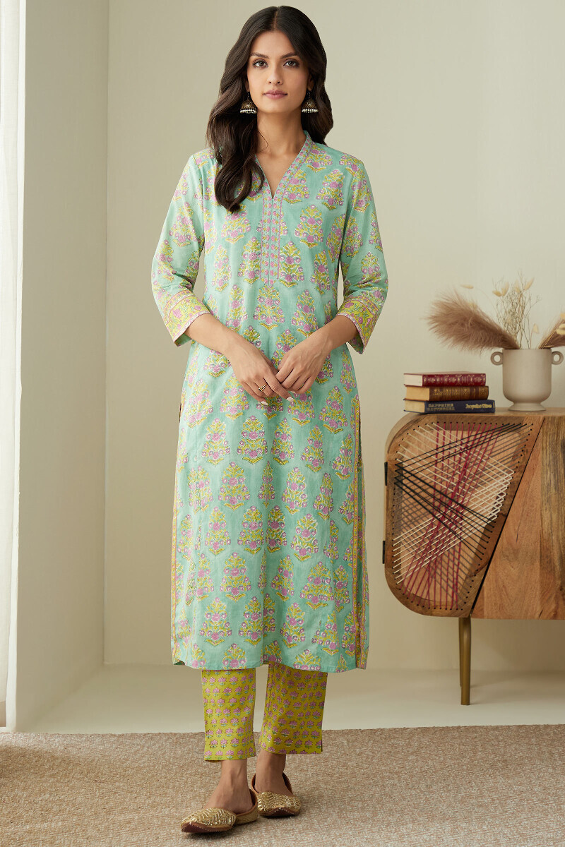 Green Hand Block-Printed Straight Cotton Kurta