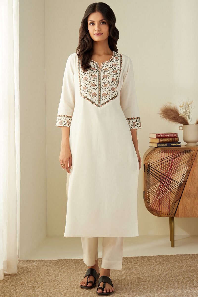 Off-White Handcrafted Straight Cotton Flax Kurta