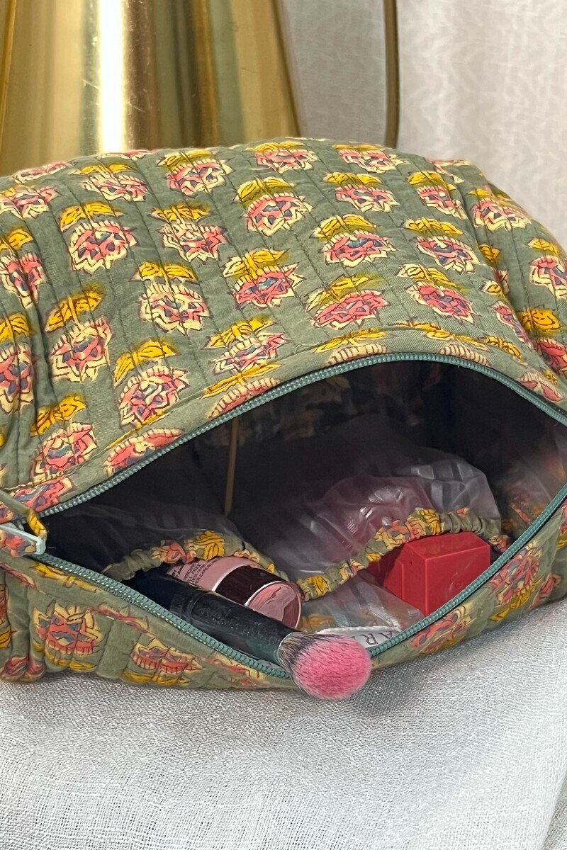 Green Hand Block-Printed Cotton Vanity Pouch