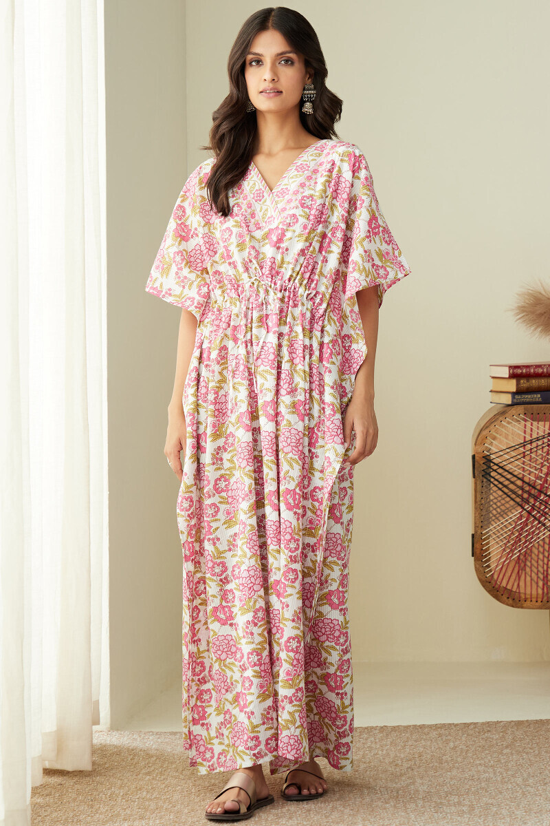 White Hand Printed Cotton Dobby Kaftan