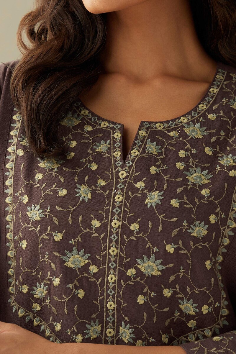 Brown Handcrafted Straight Cotton Flax Kurta